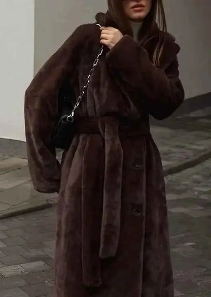 Women Winter Coat Warm Oversized Faux Fur Long Coat Belted Fuzzy Plush Sherpa Jacket Lapel Trench Coat Style For Women