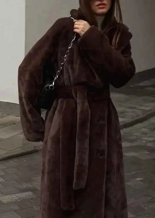 Women Winter Coat Warm Oversized Faux Fur Long Coat Belted Fuzzy Plush Sherpa Jacket Lapel Trench Coat Style For Women