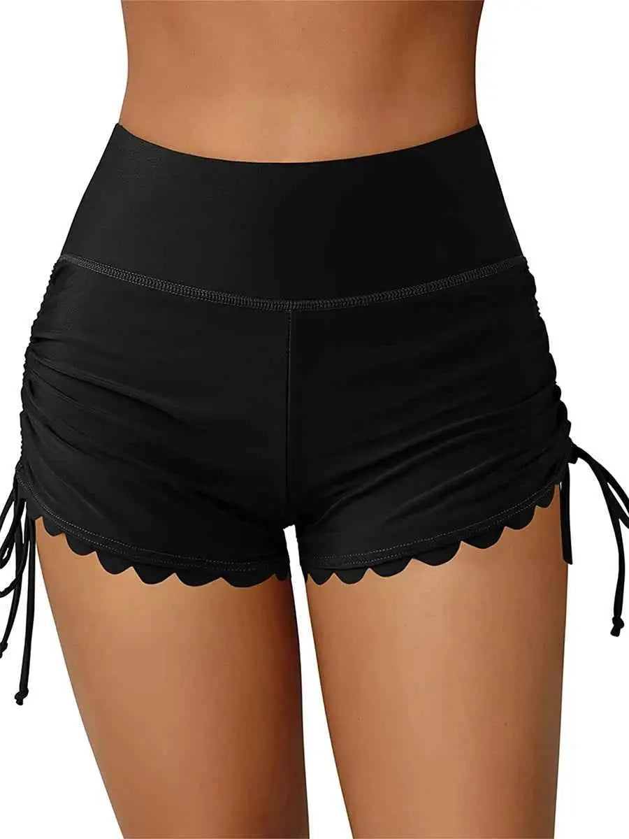 Women Swim Shorts High Waist Drawstring Wavy Hem Solid Beach Trunks For Surfing And Swimming