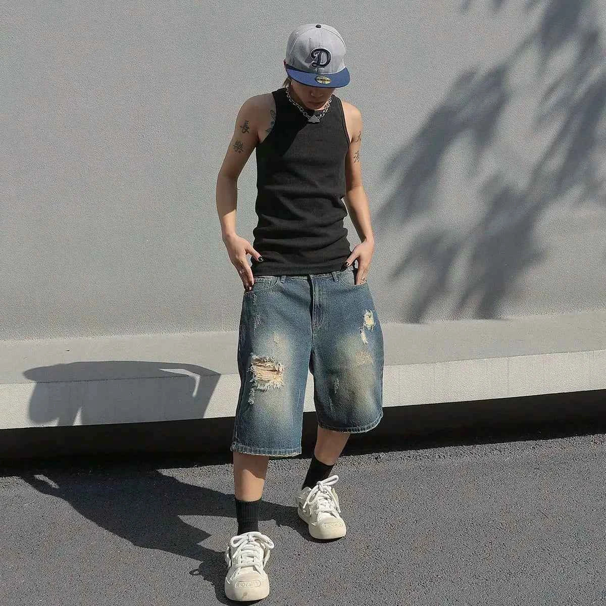 Men's Baggy Denim Shorts Summer Stretch Ripped Knee Length Cargo Pockets Streetwear Casual