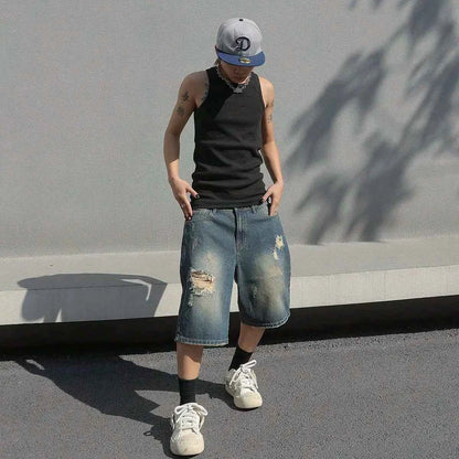 Men's Baggy Denim Shorts Summer Stretch Ripped Knee Length Cargo Pockets Streetwear Casual