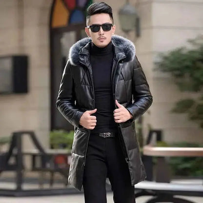 Mens Genuine Leather Down Jacket Hooded Sheepskin Coat Mid Length Slim Fit Winter Puffer Windbreaker