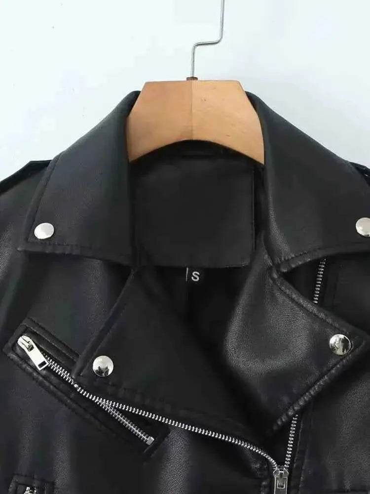 BBWM Faux PU Leather Jacket for Women Short Zipper Lapel Motorcycle Style High Street Coat