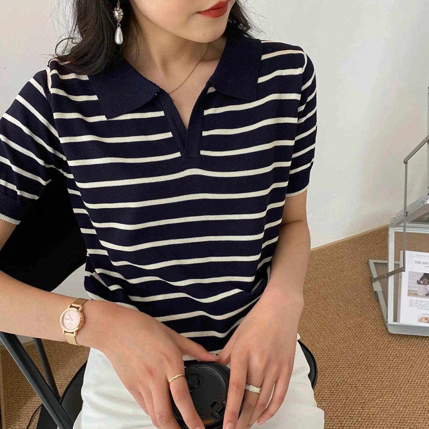 Women Summer Polo T Shirt Short Sleeve Cotton Striped Casual Fashion Top Tee Available In M L XL