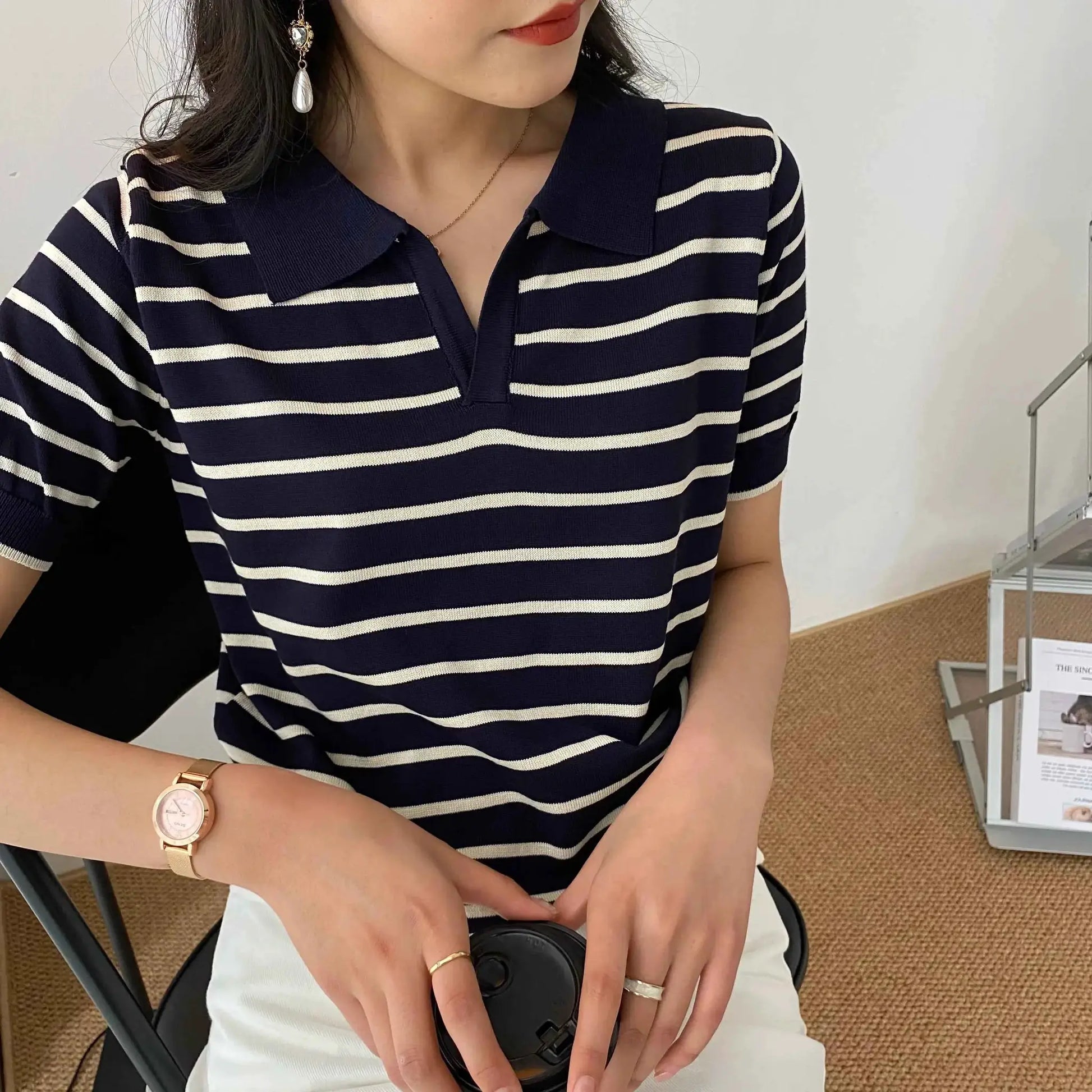 Women Summer Polo T Shirt Short Sleeve Cotton Striped Casual Fashion Top Tee Available In M L XL