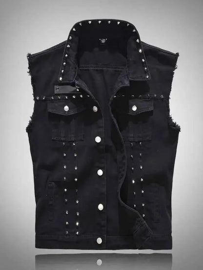 Mens Rivet Denim Vest Studded Sleeveless Jacket 6XL Plus Size Slim Fit Punk Party Wear Spring Fashion