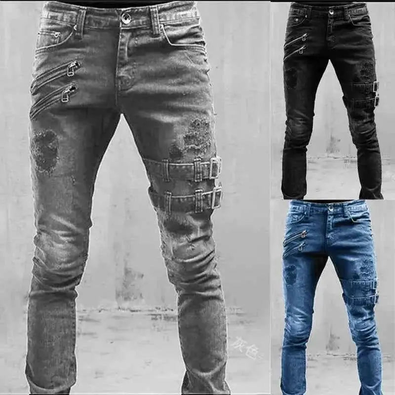 Mens Casual Stretch Cargo Denim Trousers Autumn Techwear Fashion Streetwear Cargo Y2K Skinny Jeans Punk Pants