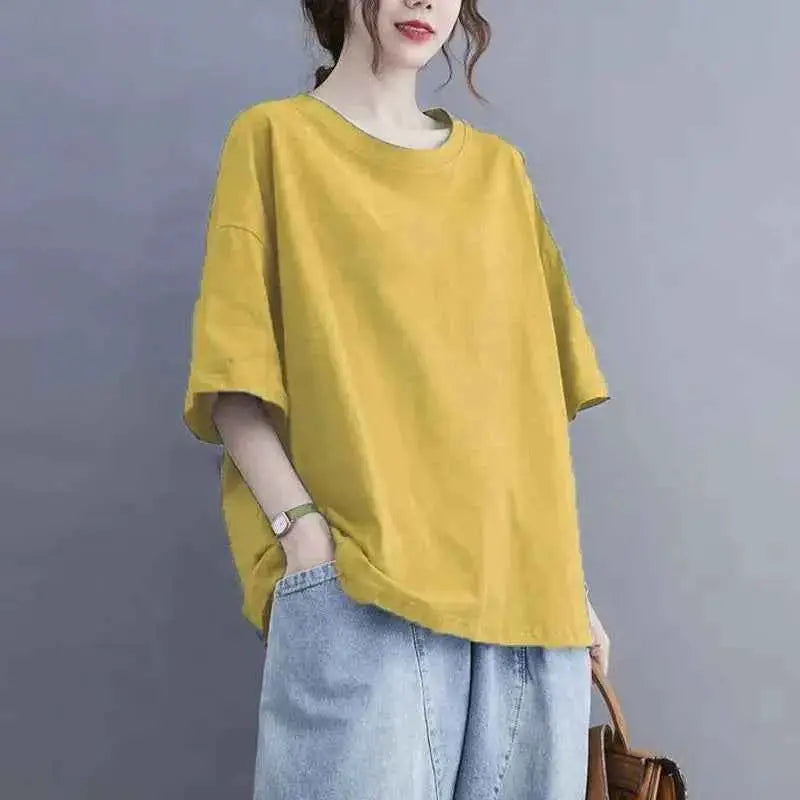 Oversized Womens Casual Korean Solid Color O Neck Short Sleeve T Shirt Summer Loose Pullover Top Tee