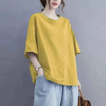 Oversized Womens Casual Korean Solid Color O Neck Short Sleeve T Shirt Summer Loose Pullover Top Tee