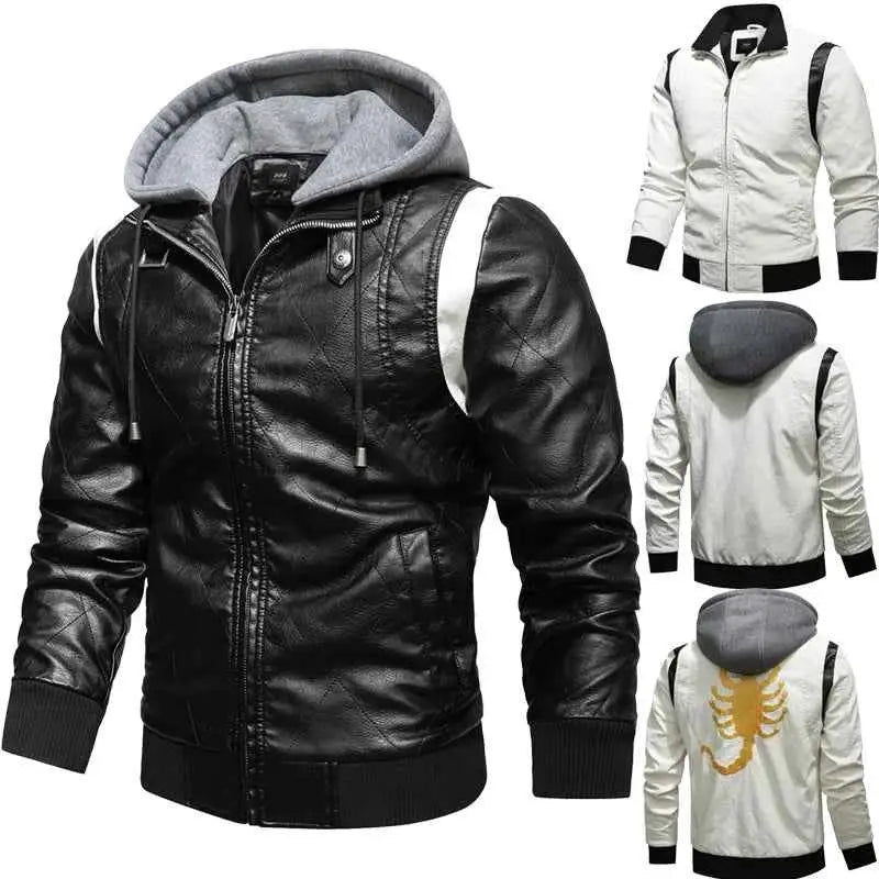 Autumn Winter Bomber Leather Jacket Men Hooded PU Leather Motorcycle Scorpion Embroidery Drive Inspired by Ryan Gosling