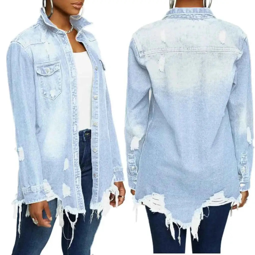 Women Denim Jackets Ripped Vintage Casual Long Sleeve Spring Summer 2024 Streetwear Chic Coat