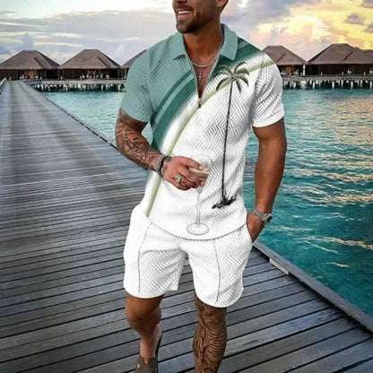 Mens Summer Tracksuit Set 3D Printed Casual Short Sleeve T Shirt With Lapel Zip Polo For Jogging