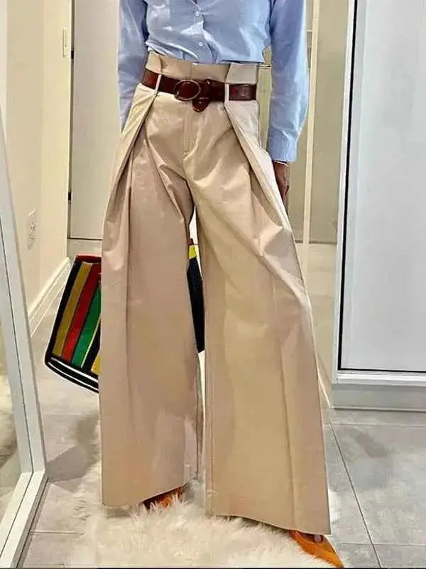 Women's Apricot Elastic High Waist Pleated Wide Leg Comfort Fit Trousers | TeenStylo — TeenStylo