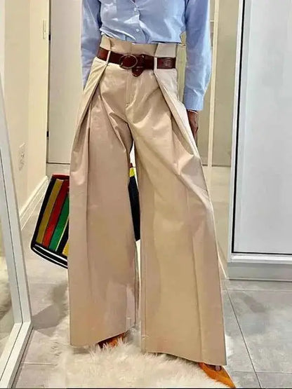 Women's Apricot Elastic High Waist Pleated Wide Leg Comfort Fit Trousers | TeenStylo — TeenStylo