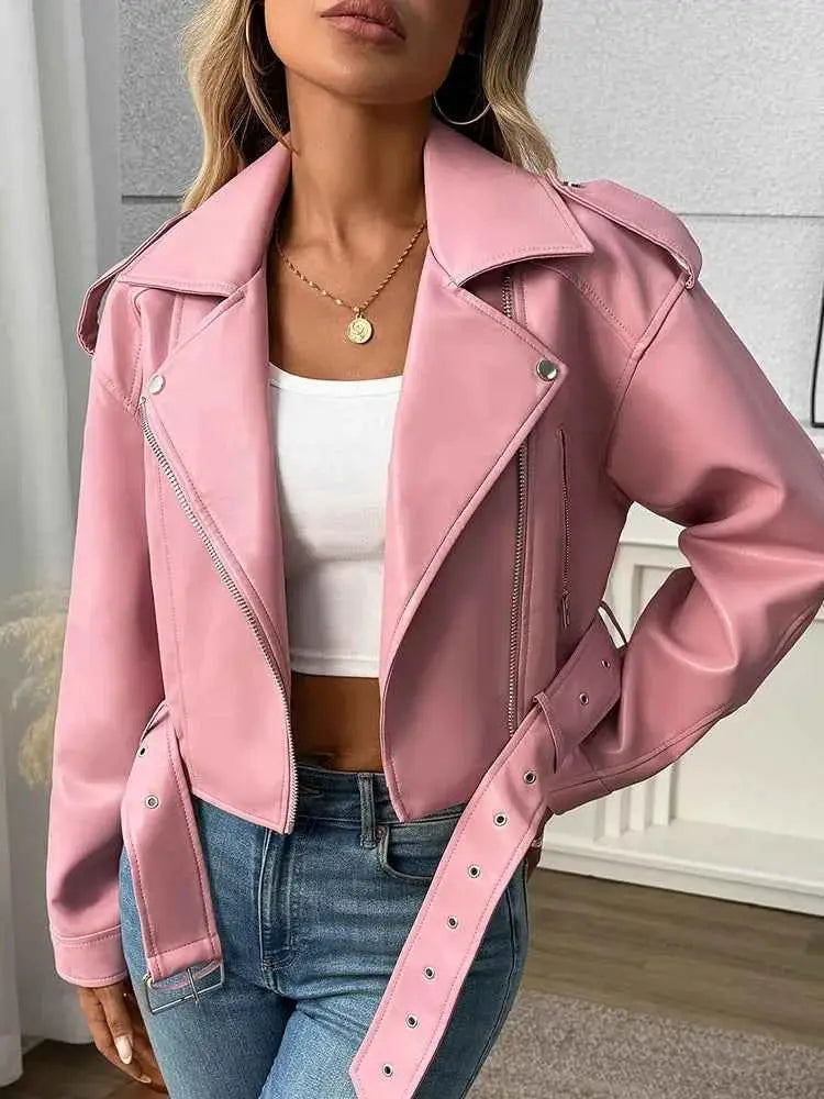 Women Faux PU Leather Short Jacket Belted Motorcycle Style Zipper Lapel Spring Autumn Outwear