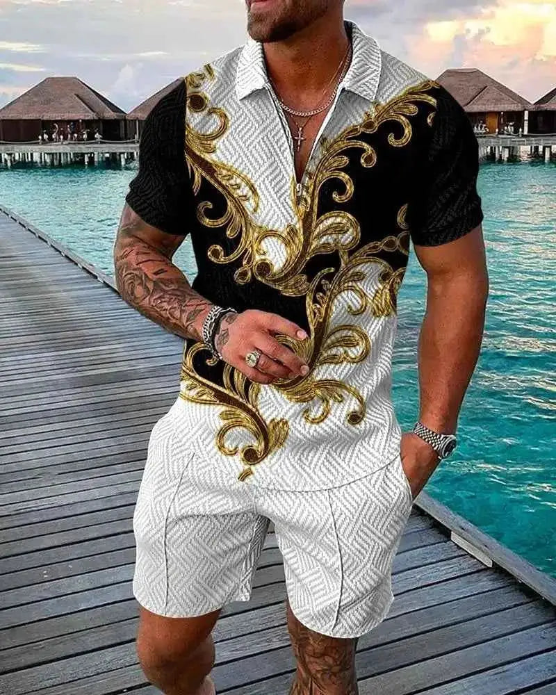 Mens Summer Tracksuit Set 3D Printed Casual Short Sleeve T Shirt With Lapel Zip Polo For Jogging