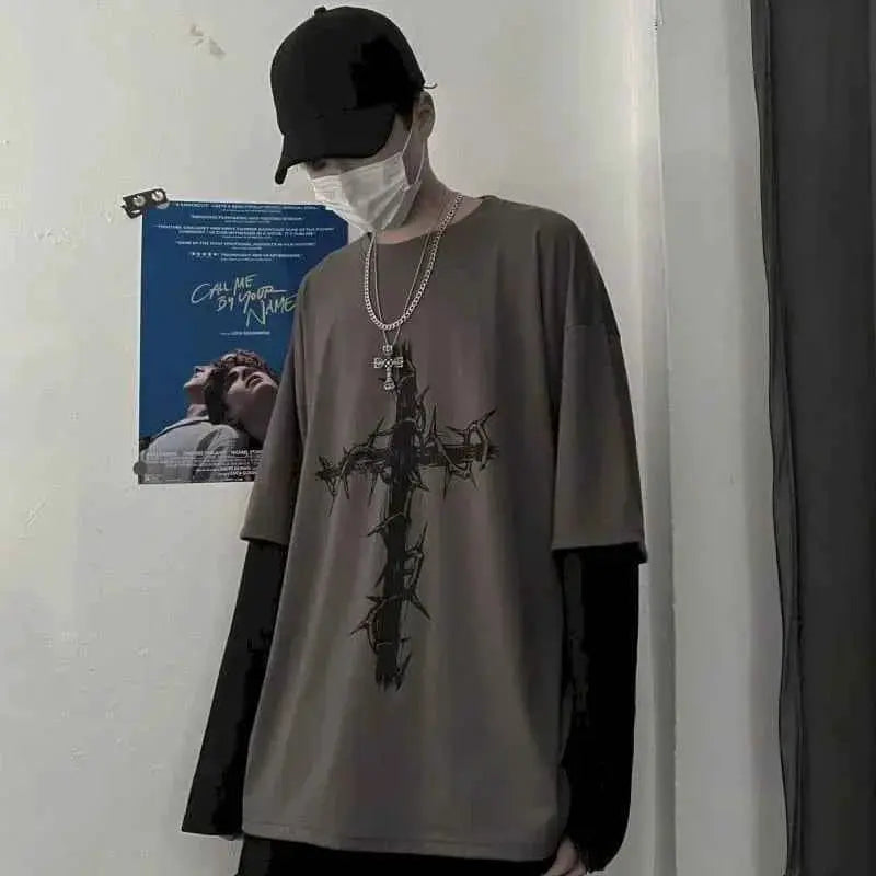 Y2K Vintage Men T Shirt Long Sleeve Oversized Harajuku Streetwear Cross Print Tee Autumn