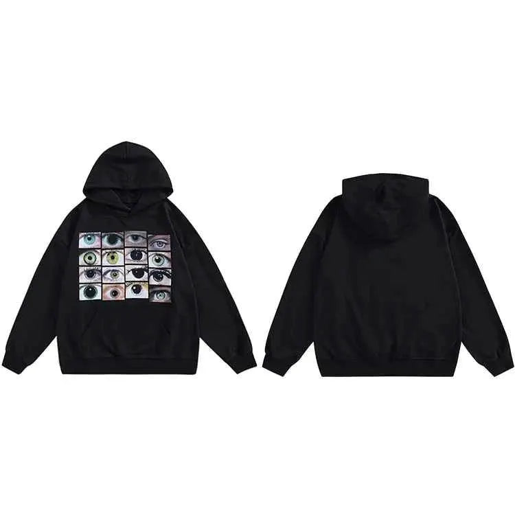 2025 Men Hip Hop Streetwear Hoodie Sweatshirt With Eyes Print Harajuku Pullover Cotton Casual Black