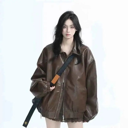 Retro Ladies Fashion Zipper Faux Leather Jacket Spring Autumn Women Long Sleeves Leather Coat PU Leather Outerwear 2025