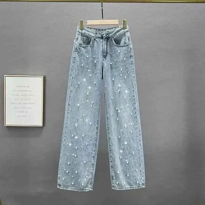 TeenStylo Beaded Denim Pants Wide Leg Jeans For Women Trendy Beaded Detailing Denim Trousers
