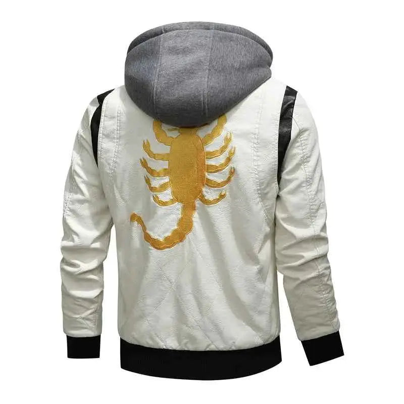 Autumn Winter Bomber Leather Jacket Men Hooded PU Leather Motorcycle Scorpion Embroidery Drive Inspired by Ryan Gosling