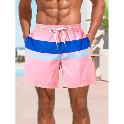 Colorful Stripe Pattern Beach Shorts For Men With Color Stitching 3D Printed Swim Trunks Hawaii Board Shorts