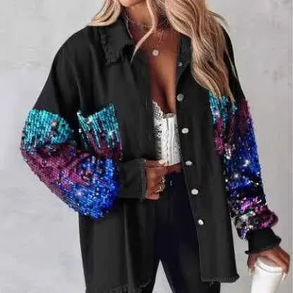 2025 Spring And Autumn Women Loose Casual Denim Shirt Jacket With Sequin Tassels For Everyday Wear