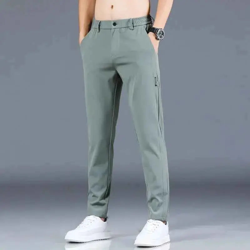 Summer Mens Casual Pants Slim Fit Trousers With Elastic Waist Lightweight Cool 28 To 38 Green Grey