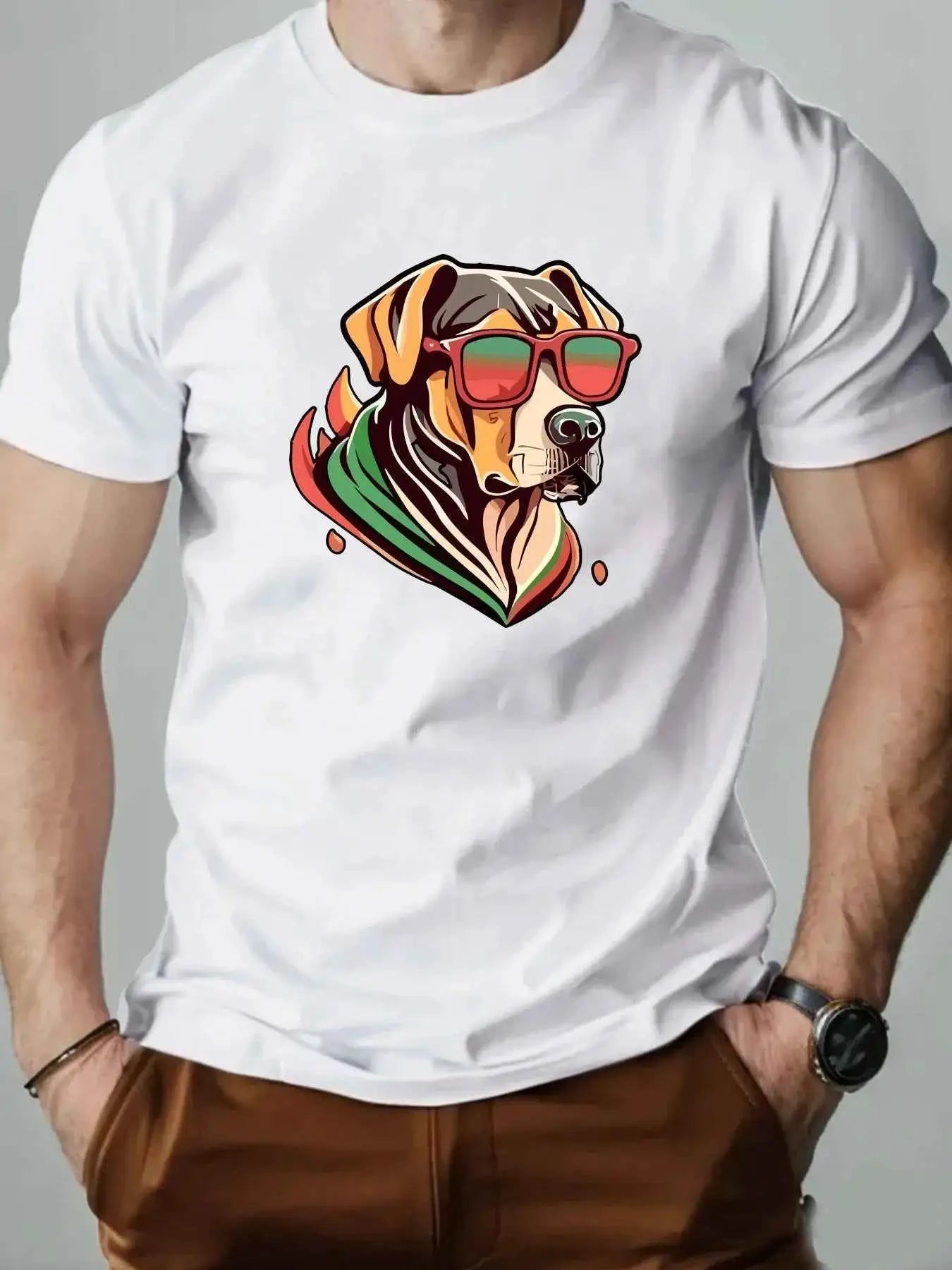 Men's Colorful Puppy Pattern Graphic Tee Breathable Oversized Summer Round Neck Hip Hop Style Premium Quality Cotton