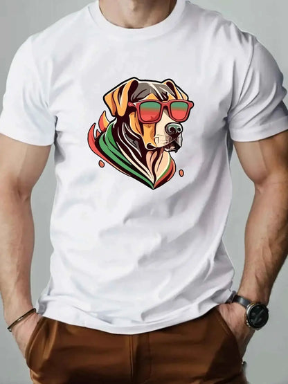 Men's Colorful Puppy Pattern Graphic Tee Breathable Oversized Summer Round Neck Hip Hop Style Premium Quality Cotton