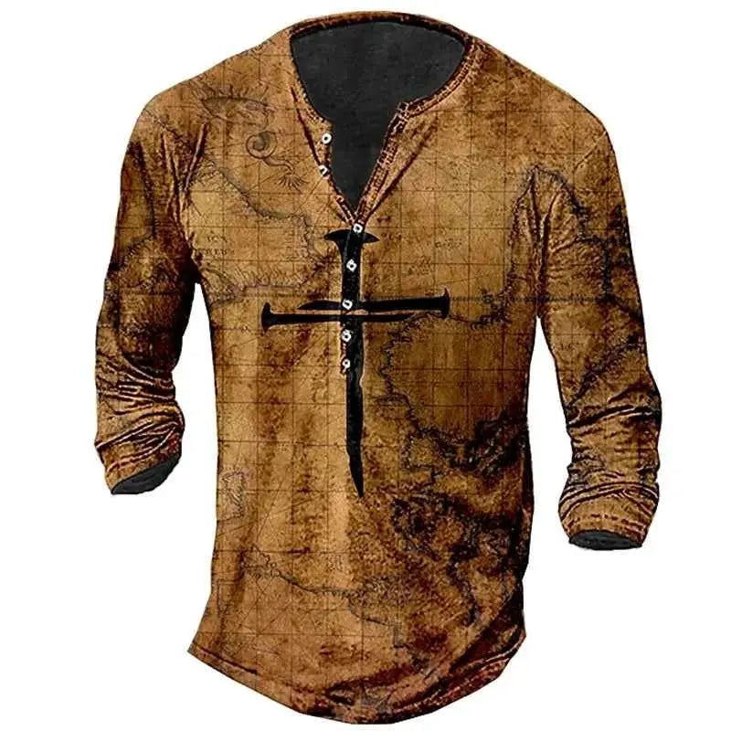 Vintage Men's Compass Graphic Long Sleeve Tee Oversized Streetwear 3D Print For Men