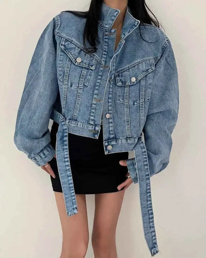 Two Colors Womens Casual Denim Jacket 2025 Spring Long Sleeve Cropped Streetwear For Women And Girls