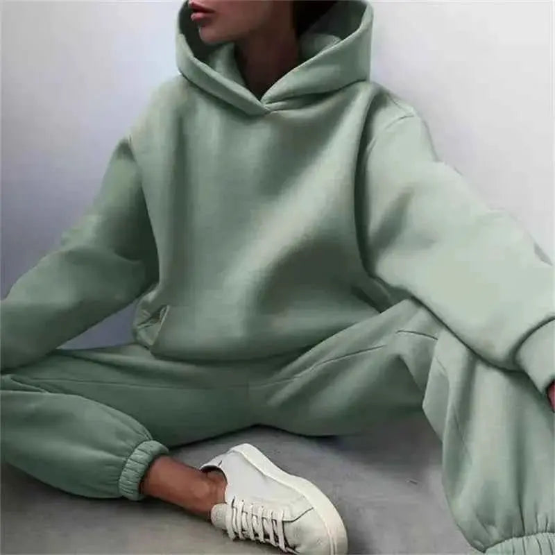 Women's Oversized Tracksuit Set Hoodie Sweatshirt Two Piece Solid Color Warm Autumn Casual Long Pants