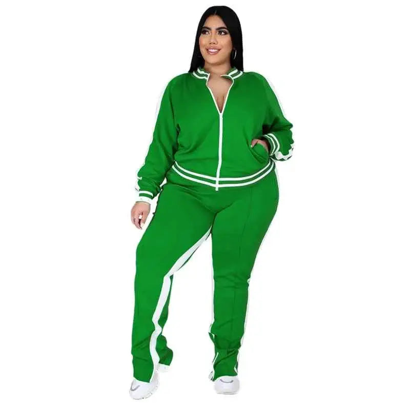 Plus Size Two Piece Sweatsuit For Women Zip Striped Top And Slit Jogger Pants Outfit Wholesale Dropshipping