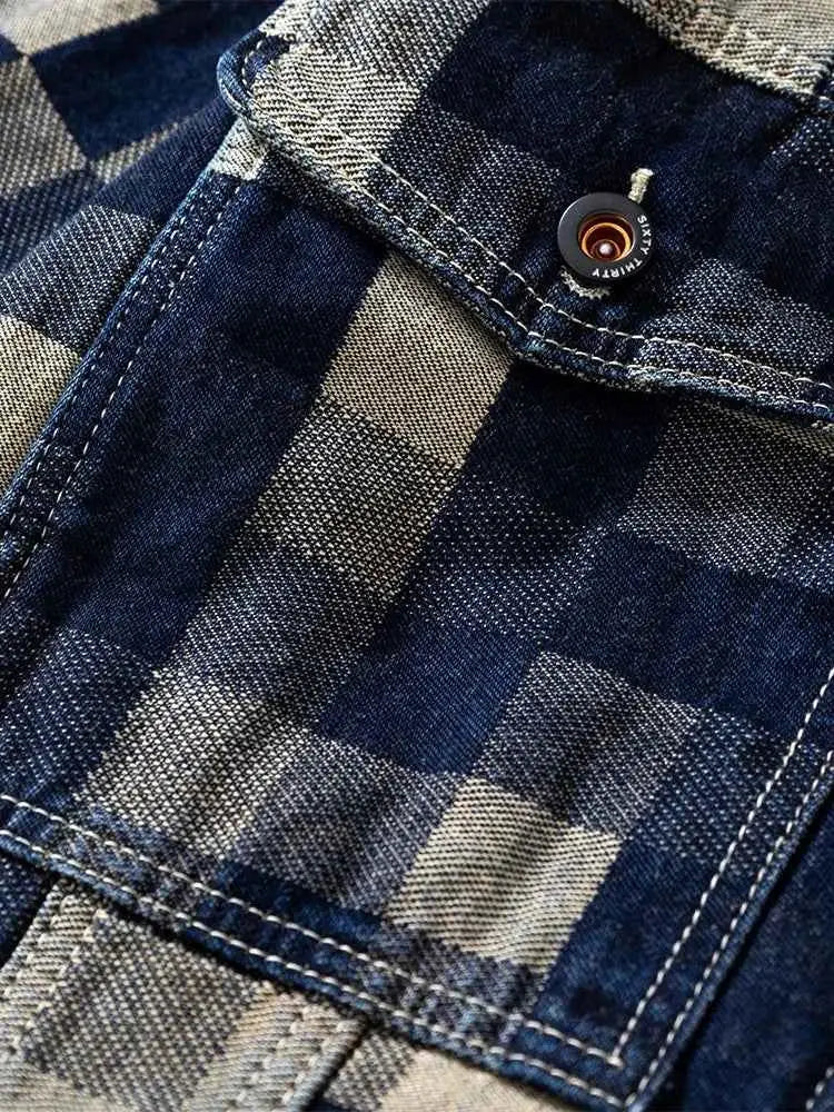 Vintage Loose Denim Jacket With Grid Pattern For Men Casual American Jean Coat Made For Everyday Wear