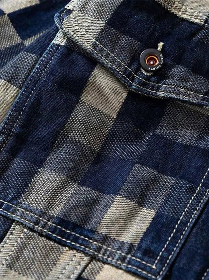 Vintage Loose Denim Jacket With Grid Pattern For Men Casual American Jean Coat Made For Everyday Wear