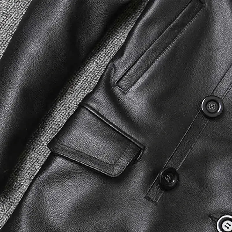 Genuine Leather Jacket For Men Top Layer Cowhide Mid Length Slim Fit Double Breasted Lapel Windbreaker