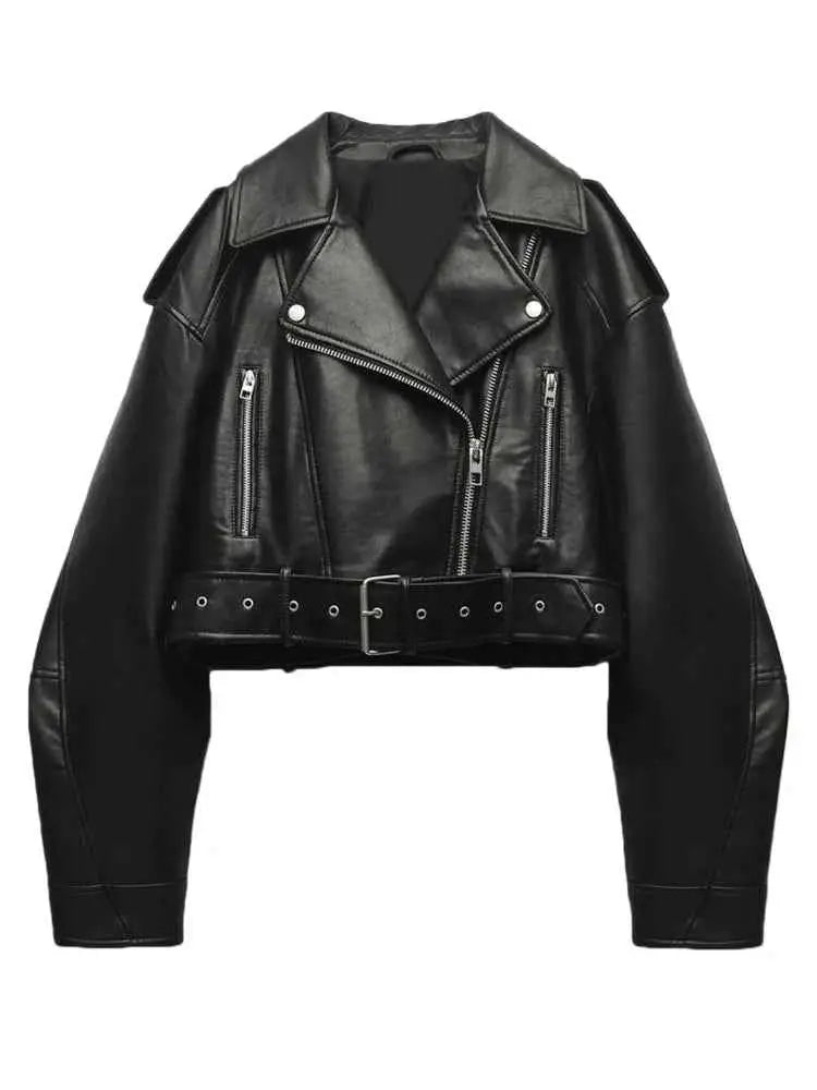 Fitaylor Women Faux PU Leather Jacket With Lapel Zipper Short Motorcycle Style Coat For Casual High Street Fashion