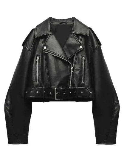 Fitaylor Women Faux PU Leather Jacket With Lapel Zipper Short Motorcycle Style Coat For Casual High Street Fashion