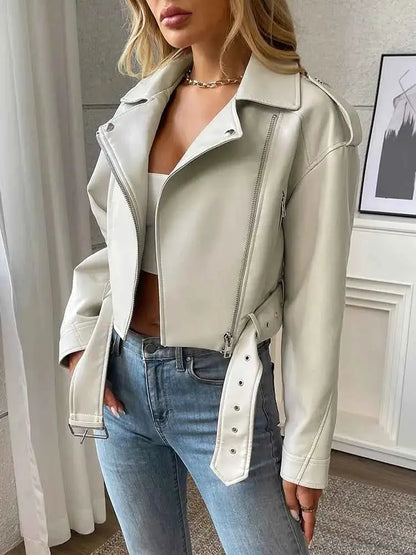Women Faux PU Leather Short Jacket Belted Motorcycle Style Zipper Lapel Spring Autumn Outwear