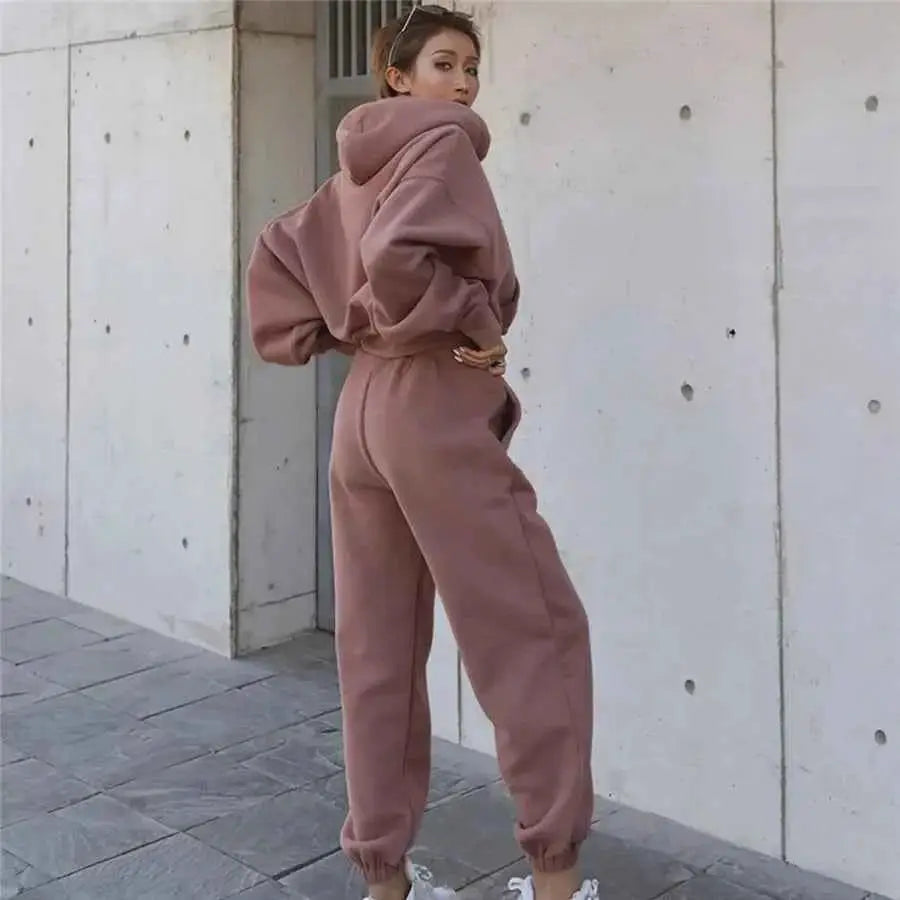 Women Two Piece Hoodie Tracksuit Set Solid Color Sweatshirt Pants For Autumn Winter 2024