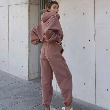 Women Two Piece Hoodie Tracksuit Set Solid Color Sweatshirt Pants For Autumn Winter 2024
