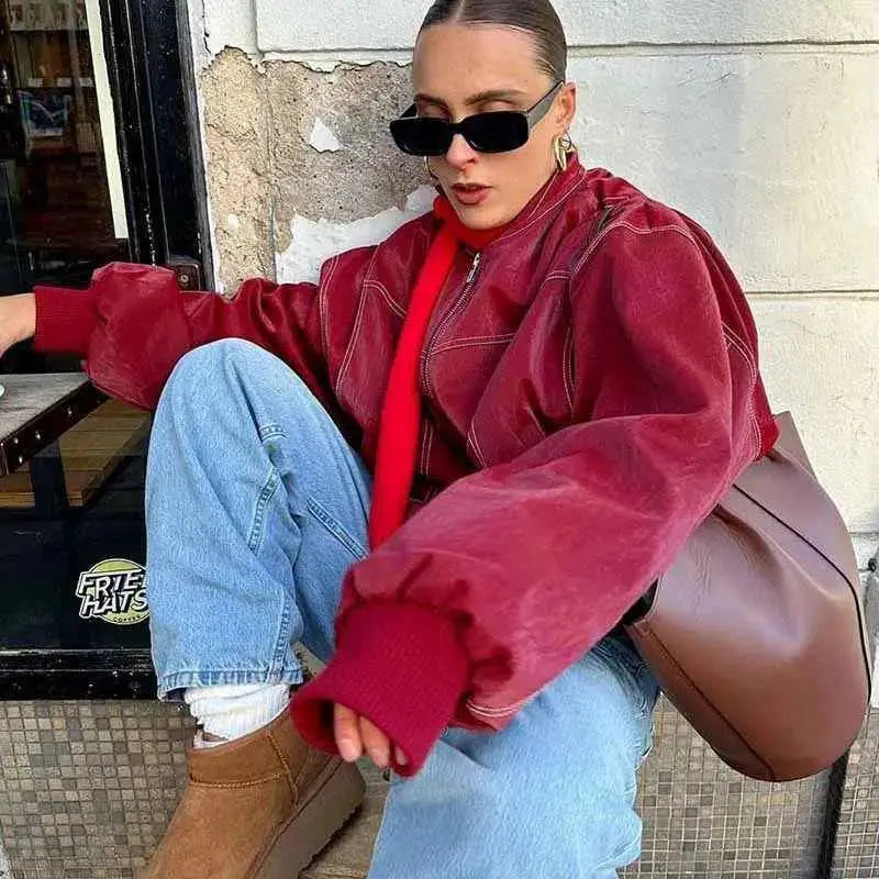Women PU Leather Jacket Zipper Streetwear Vintage Contrast Stitch Lapel Loose Coat Fall Winter 2024 Trendy