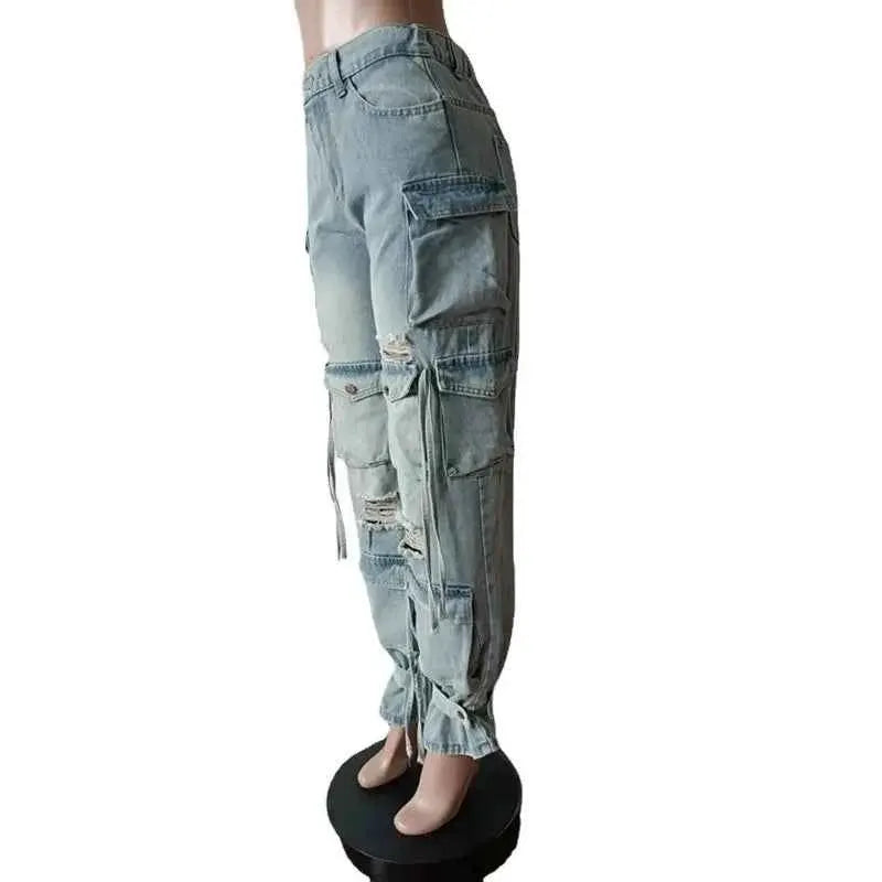 Women Denim Straight Pants High Waist Cargo Jeans Streetwear Casual Trousers Multi Pocket