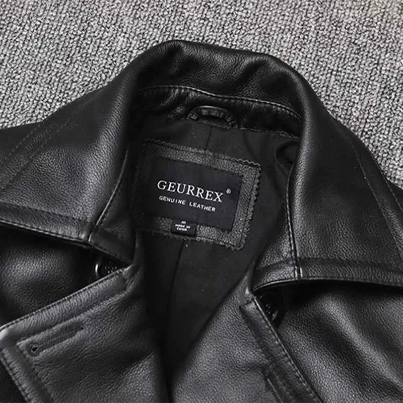 Genuine Leather Jacket For Men Top Layer Cowhide Mid Length Slim Fit Double Breasted Lapel Windbreaker