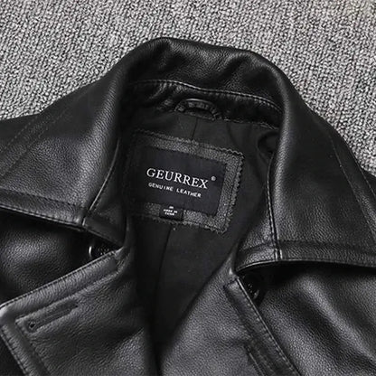 Genuine Leather Jacket For Men Top Layer Cowhide Mid Length Slim Fit Double Breasted Lapel Windbreaker