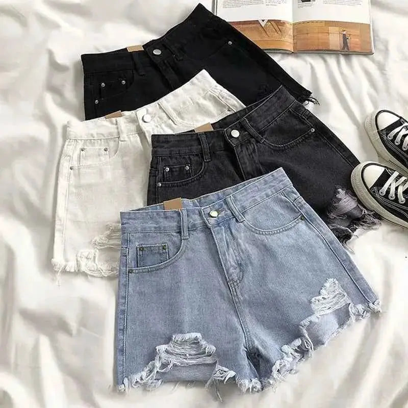 Lucyever Summer Denim Shorts Women Korean Fashion Ripped High Waist Wide Leg Casual Streetwear Jeans
