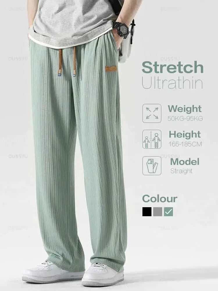 Summer Striped Pattern Breathable Casual Pants For Men Elastic Waist Jogger Trousers Loose Wide Leg Streetwear