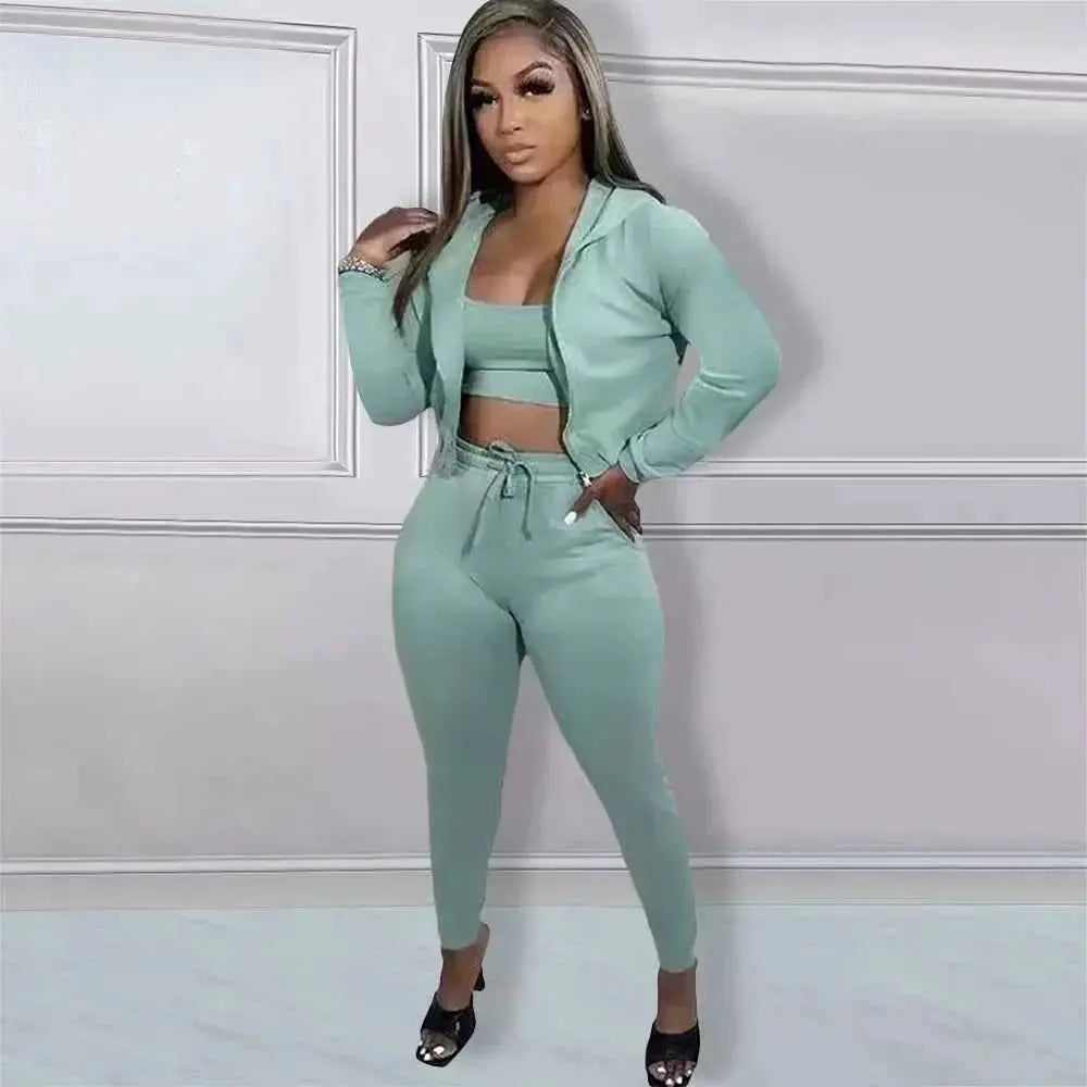 Women Sportswear 3 Piece Hooded Track Jacket Tank Top Jogger Pants Tracksuit Activewear Set