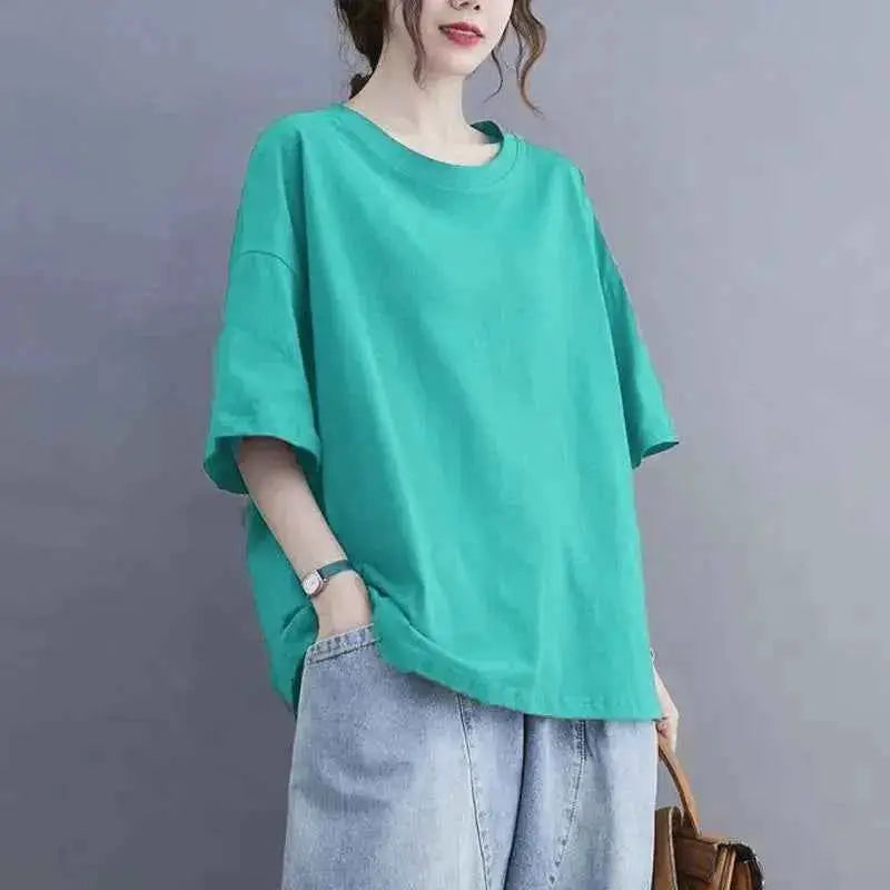 Oversized Womens Casual Korean Solid Color O Neck Short Sleeve T Shirt Summer Loose Pullover Top Tee